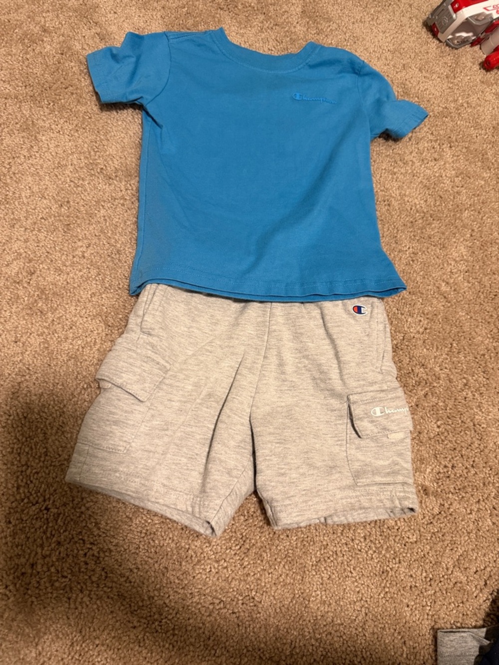 Champion Bright Blue Tee with Light Gray Cargo Shorts
